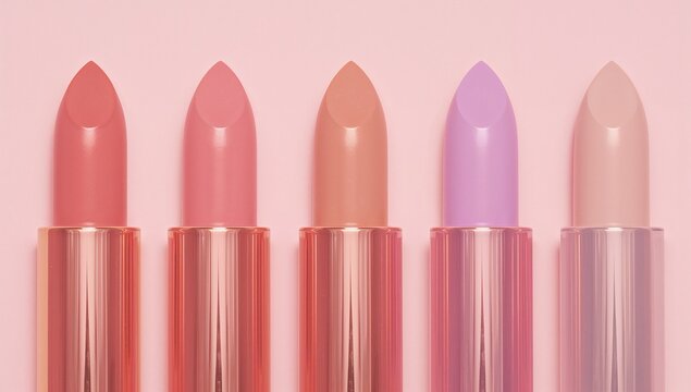 Five colorful lipsticks arranged in a neat row showcasing a spectrum of shades for makeup artistry.