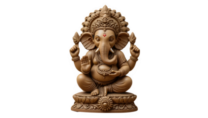 Wooden hand-carved style 3D Ganesha idol with intricate patterns, natural grain visible