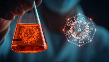 Close-up of scientist's hand holding flask with orange liquid and abstract molecular structure