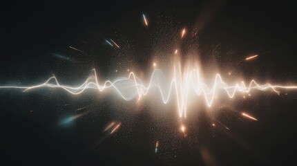 Abstract digital soundwave visualization with glowing particles, futuristic audio waveform design on a dark background.