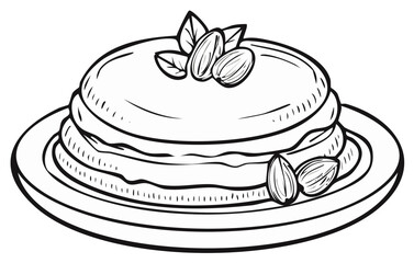 Cake on a plate with cream and almonds with leaves illustration food dessert sweets recipe baking design element