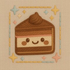 Cute Cartoon Dessert Slice with Whipped Cream and Cheerful Face