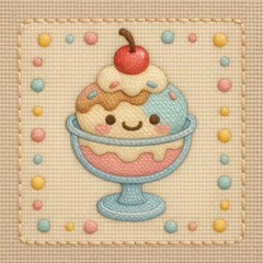Cute Illustrated Ice Cream Sundae with Cherry and Smiling Face
