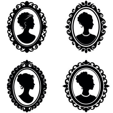 Elegant Vintage Cameo Silhouettes of Women in Ornate Frames for Decoration