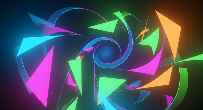 Dynamic Abstract Neon Glowing Geometric Shapes in a Futuristic Dark Environment, Vibrant Colors