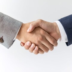 Two professionals shaking hands on white background