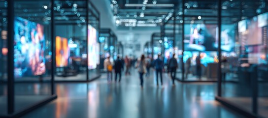 Blurry interior of a large modern shopping center or exhibition hall