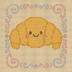 Cute Smiling Croissant with Colorful Decorative Border Design