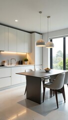 Fototapeta premium Sleek white cabinets, modern pendant lights, glass dining table , pendant, contemporary, kitchenware