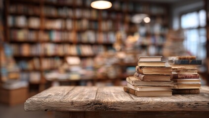Stack of aged books on a rustic wooden table in a dimly lit bookstore