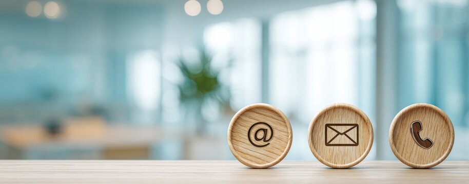 Wooden contact icons on a light-colored table in a blurred office background