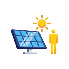 Solar Panel and Sun Illustration with Human Figure in Bright Colors for Renewable Energy Concept