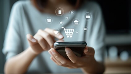 Woman using smartphone with shopping cart graphic overlay