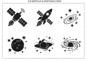 Obraz premium A collection of six flat design space-themed icons including a satellite, rocket, moon, and galaxies.