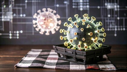 Virus on a dark wooden surface