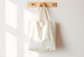 A plain white canvas tote bag hangs from a wooden wall hook, casting soft shadows from sunlight filtering through a window.