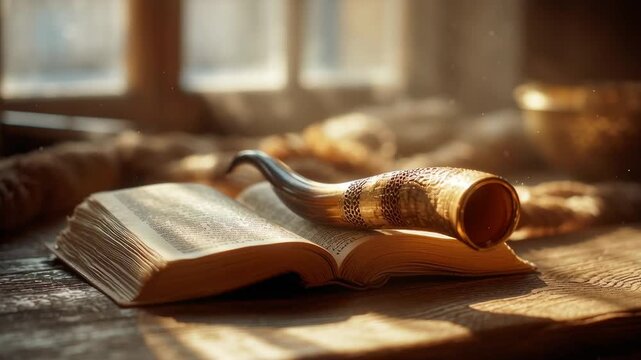 Opened sabbath prayer book with traditional shofar on wooden table by the window, Rosh Hashanah concept 