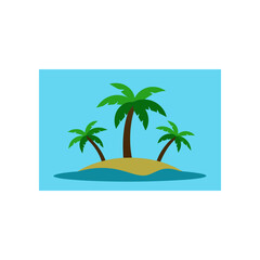 Stylized cartoon illustration of a small tropical island with three palm trees and a sandy beach surrounded by calm blue ocean water under a clear sky