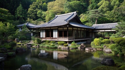 Tranquil Japanese Garden House by Pond