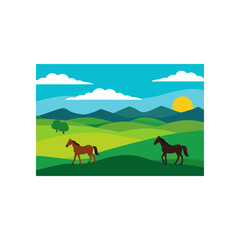Two horses walking through a serene green hilly landscape under a bright sunny sky with fluffy clouds and distant mountains