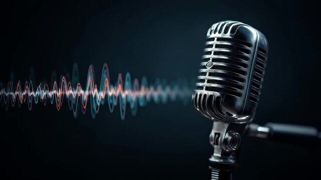 Vintage microphone with sound waves on dark background