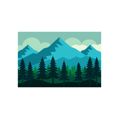 Stylized flat illustration of a serene mountain range with snow capped peaks behind a dense forest of evergreen trees under a cloudy sky