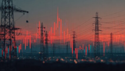 Power lines and market data at dusk