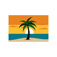 Vibrant tropical sunset scene featuring a solitary palm tree on a sandy beach with calm ocean waves and a warm orange sky