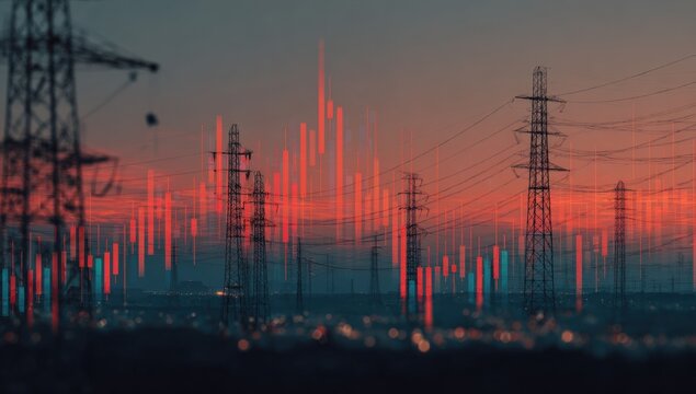 Power lines and market data at dusk