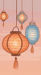Obraz premium Colorful paper lanterns hang in the soft, dusky light of a serene evening sky.