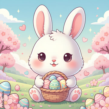 Easter bunny with colorful eggs, digital illustration, cute, cartoon style