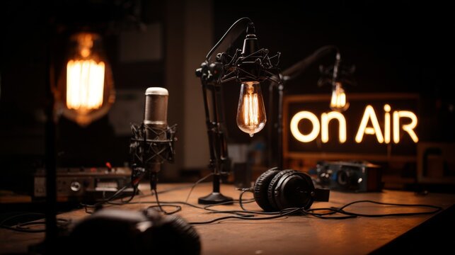 Vintage microphones and headphones on wooden table with on air sign  