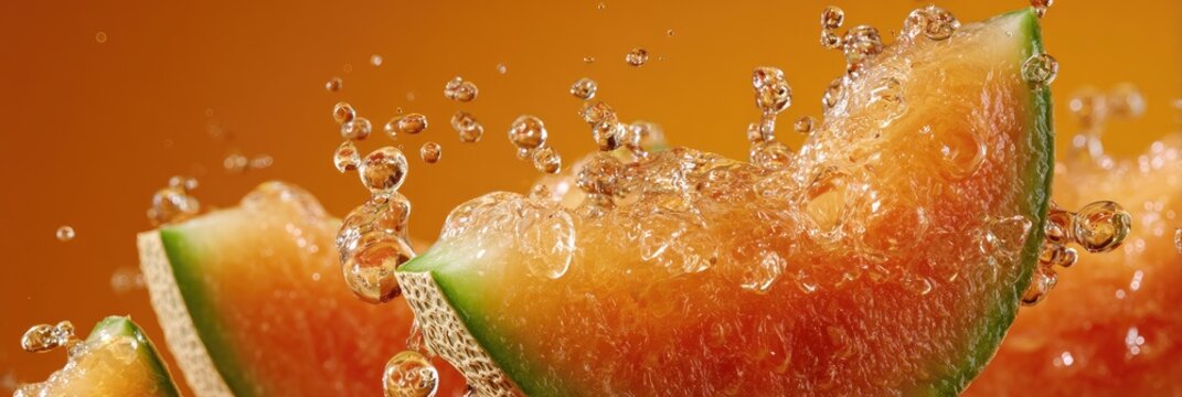 Cantaloupe slices in water splash