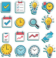 Set of business and planning icons including clocks calendars lightbulbs and checklists symbols organization