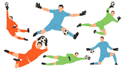 Collection of vector illustrations showing soccer goalkeepers in colorful uniforms diving, jumping, and saving footballs. Perfect for sports design, competition, and athletic concepts.