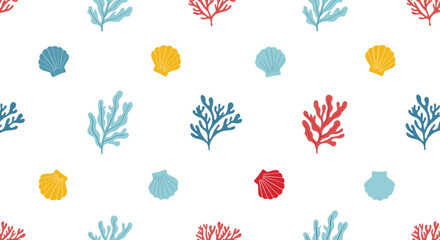 Whimsical under the sea pattern featuring coral, sea shells, and seaweed in vibrant colors on white