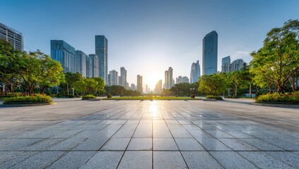 Urban park, paved plaza, sunrise