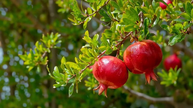 Ripe pomegranates hanging on tree branch surrounded by green leaves in Israel, Rosh Hashanah concept