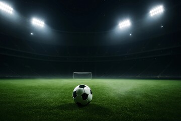 Fototapeta premium Soccer ball on a field at night under stadium floodlights