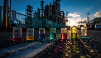 Colorful containers lined up on a street, industrial background