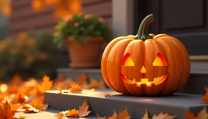 Obraz premium A small pumpkin on a porch with orange leaves, soft sunset lighting, 4K and HD image