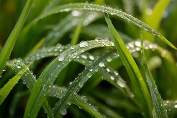 Close-up macro of fresh dew drops on a green blade of grass in a garden meadow