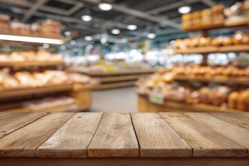 Wooden table top in front of a blurred supermarket