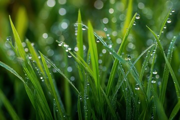 Green meadow grass blades with glistening morning dew drops