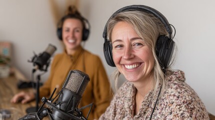 Two women smiling while recording a podcast in a cozy studio