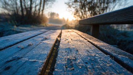 Frozen wooden bridge bench at sunrise