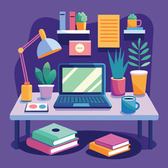 Flat illustration of a tidy desk with laptop plants and books computer workspace