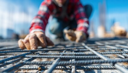 Construction worker placing reinforcing steel mesh on concrete slab