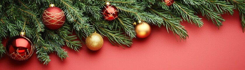 A festive arrangement of Christmas ornaments hanging from evergreen branches against a vibrant red background, evoking holiday cheer.