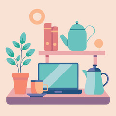 Minimalist pastel desk setup with laptop plant and teapots computer potted plant